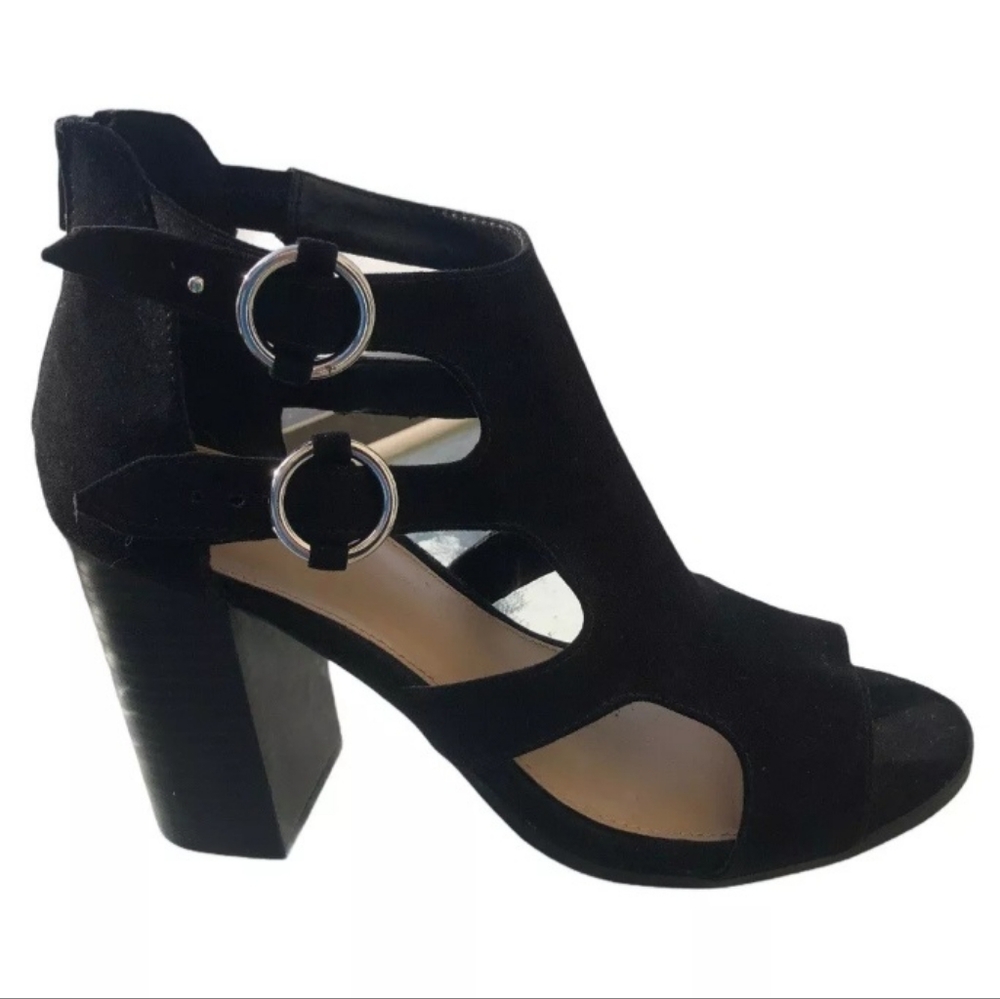Apt. 9 Black Defined Comfort Faux Suede Chunky Heels 6.5 Strappy Party Chic